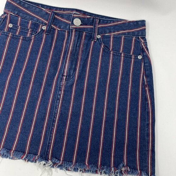 American Eagle Denim Jean Mini Skirt Womens Size 4 Red Blue Stripe High Rise - Picture 2 of 9